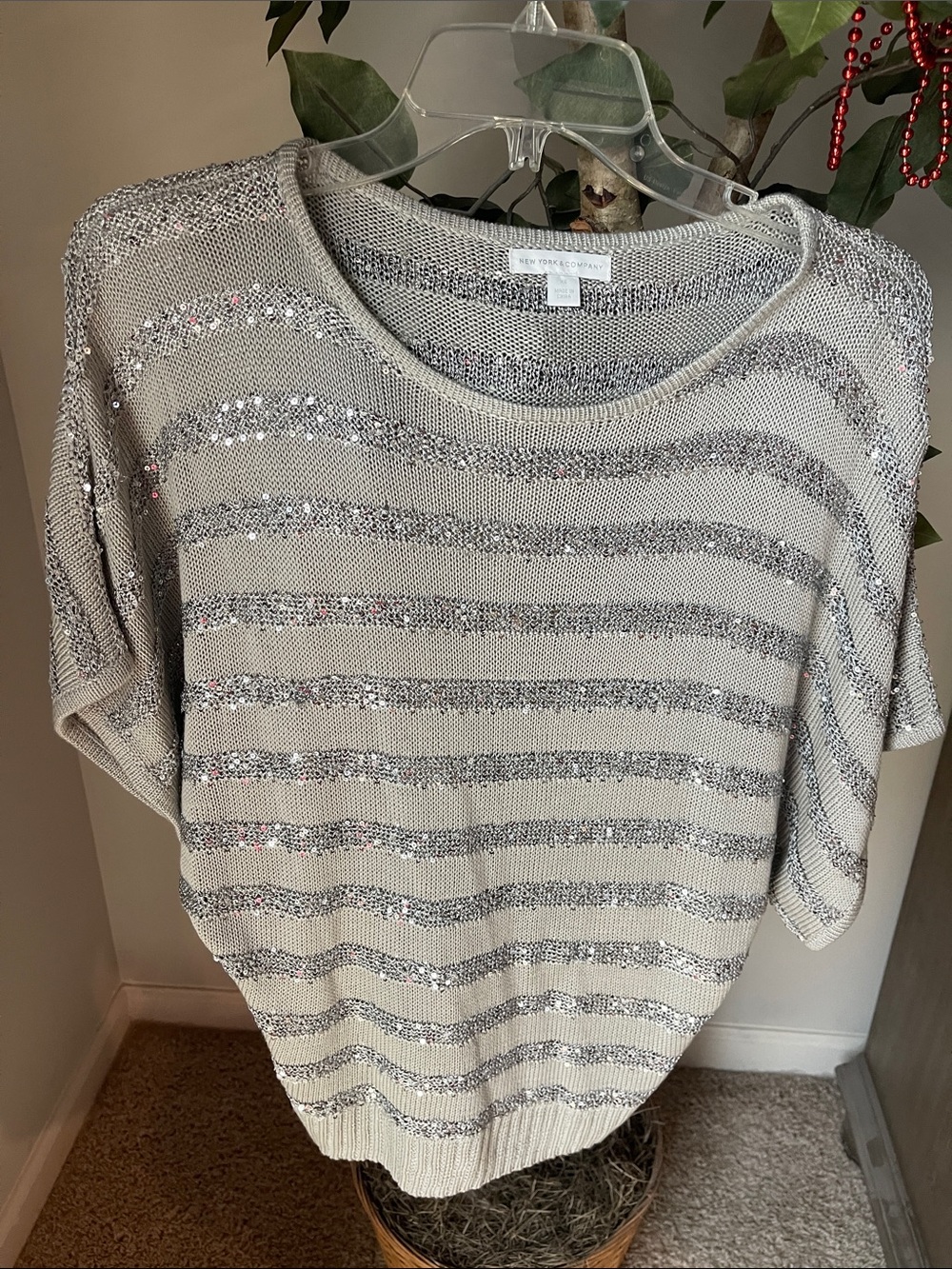 New York & Company Silver and Gray Striped Sequin Sweater